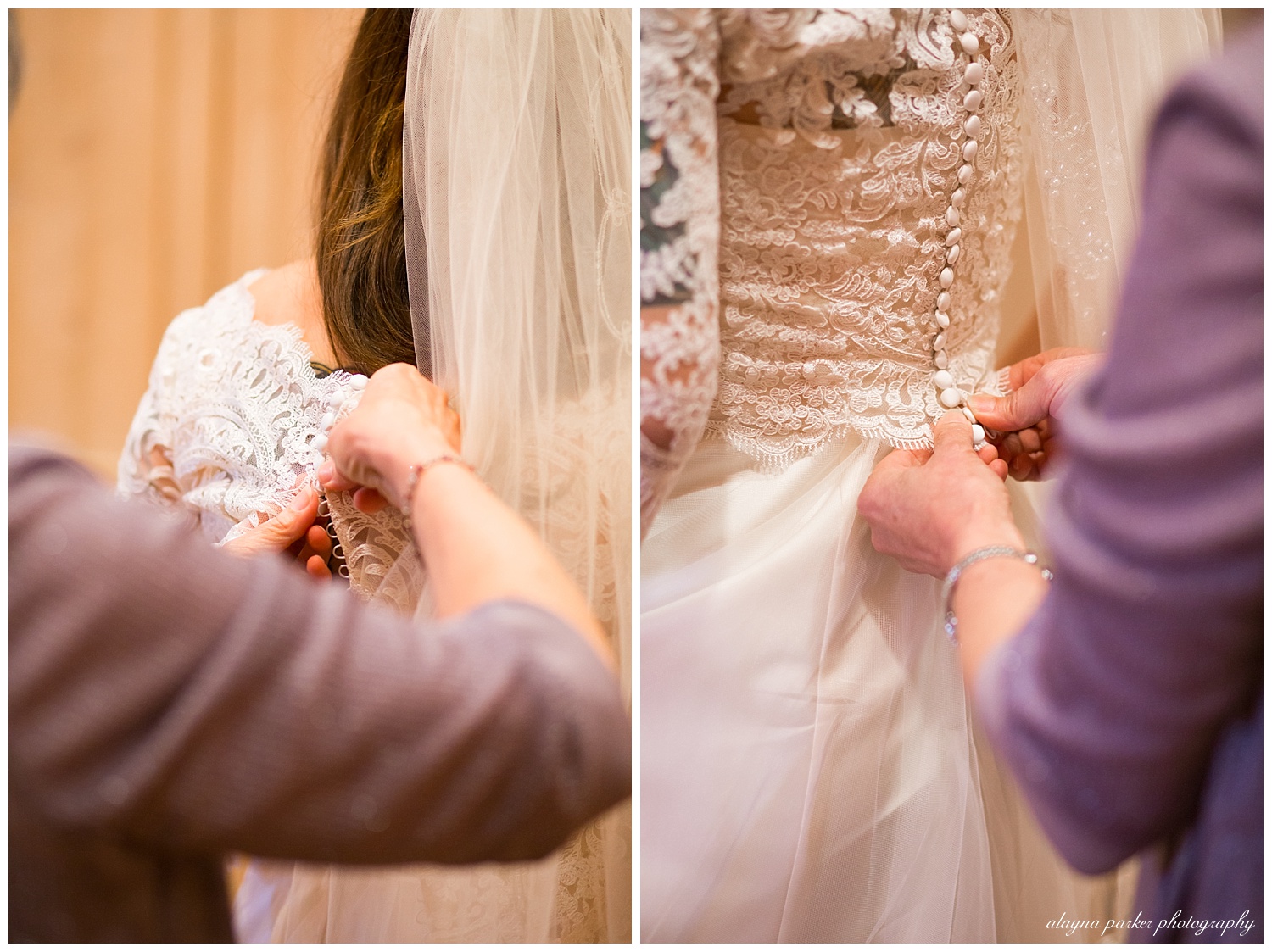 mother buttoning daughter's wedding dress