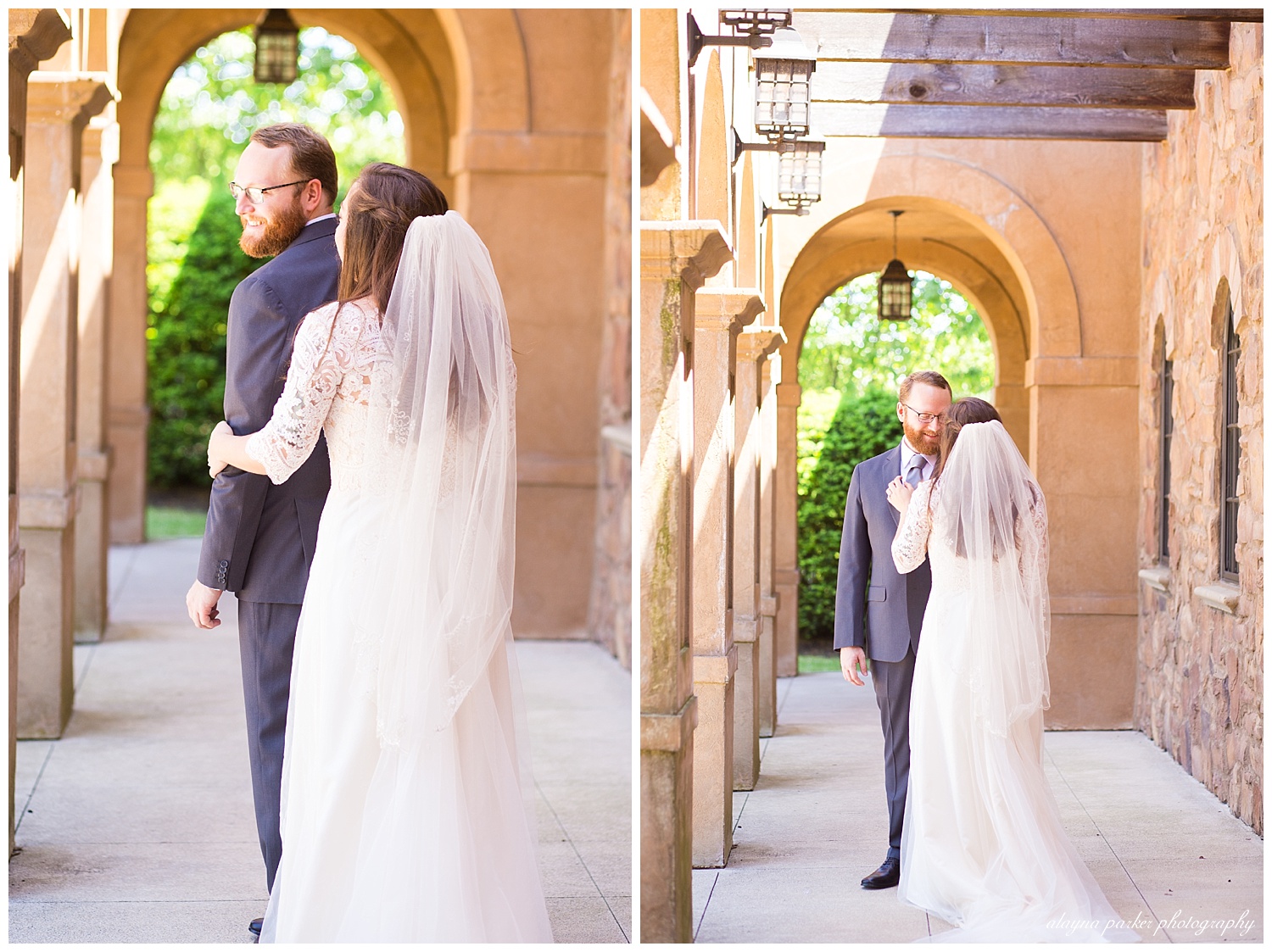groom sees bride for the first time inside arches at club at corazon