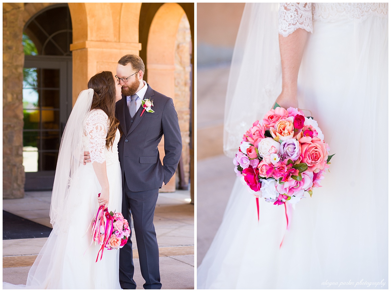 close up of bride holding bouquet of pink, white, and purple flowers