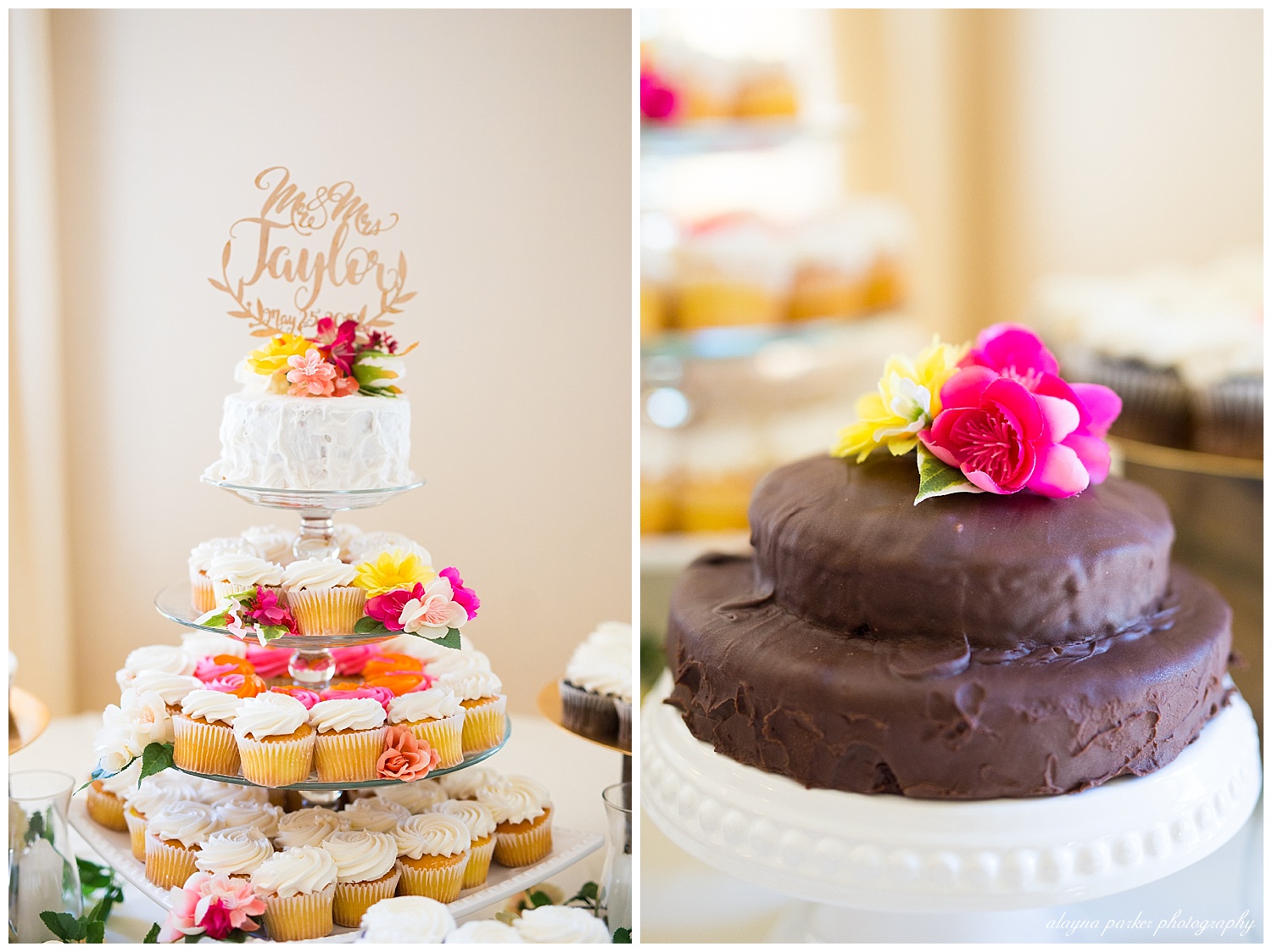 small white cake and small chocolate cake for bride and groom