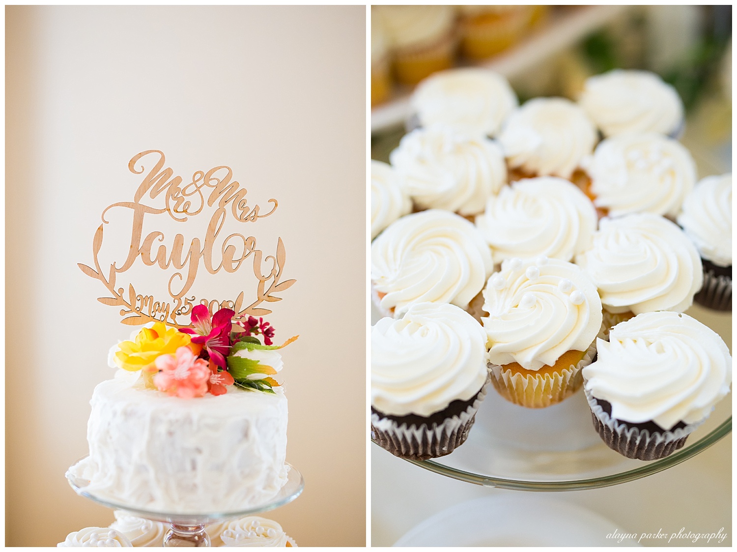 close up of laser cut cake topper that says "Mr and Mrs Taylor"