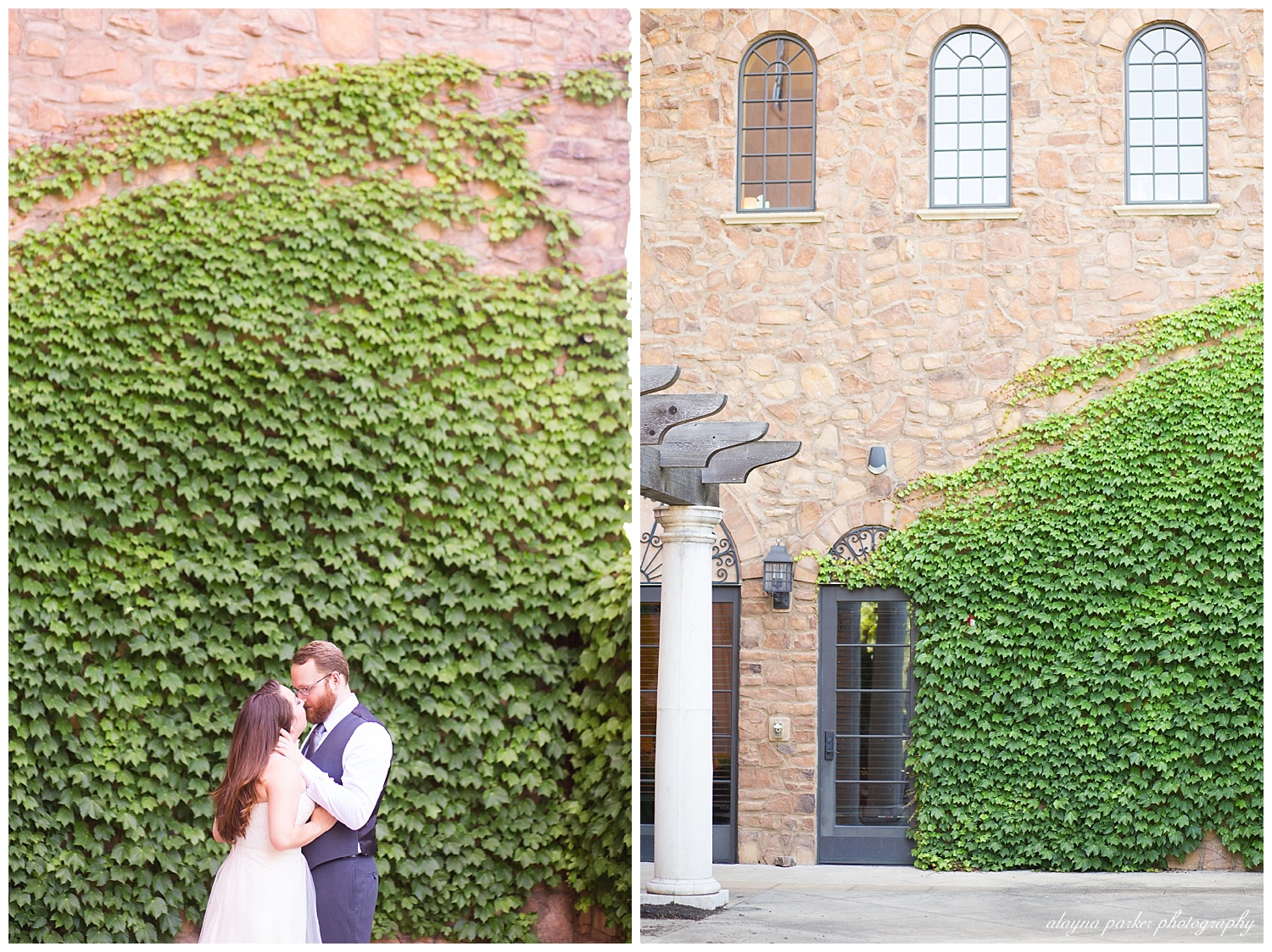 bride and groom kissing in front of ivy wall at club at corazon