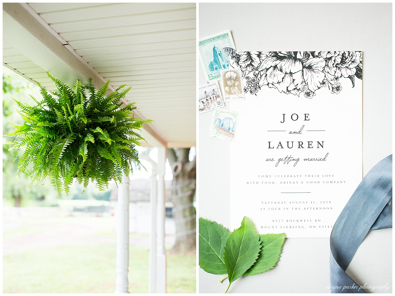 black and white wedding invitation on gray background