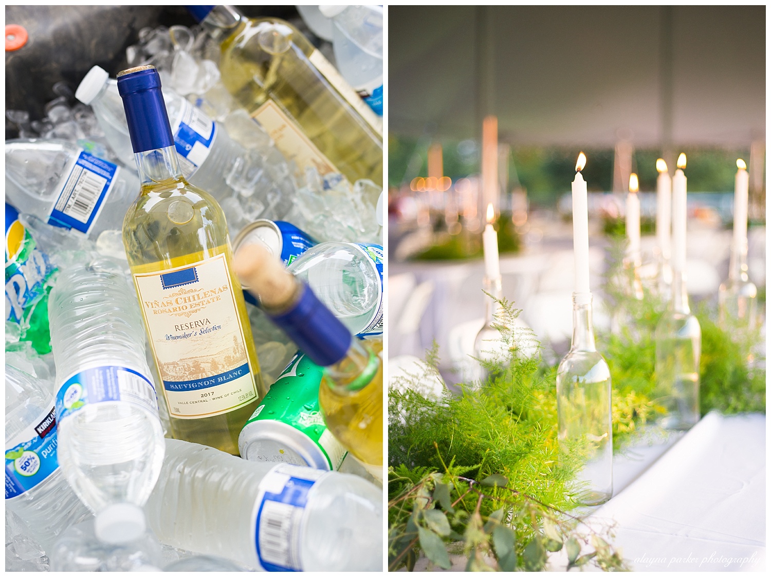wine bottles with tall white candles and greenery on tables