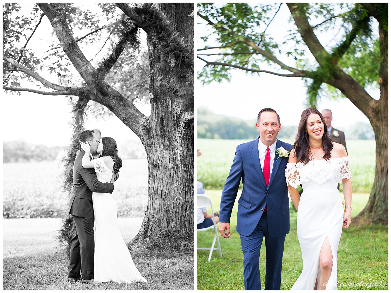 bride and groom have first kiss