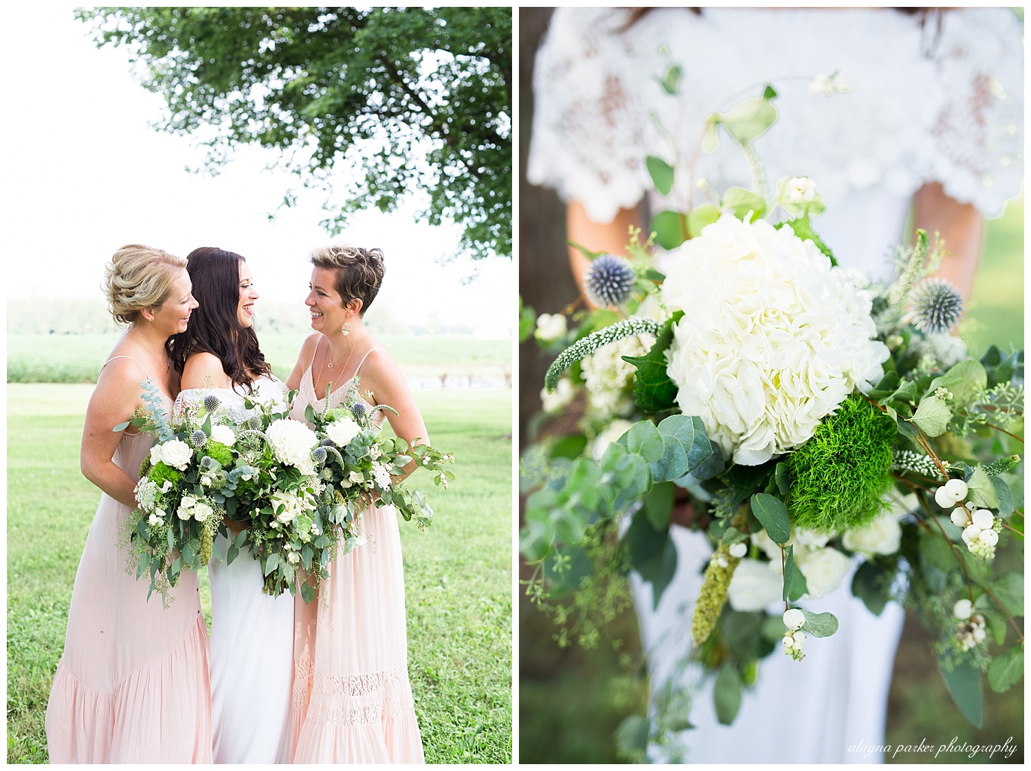 close up of bridal bouquet made from greenery, white roses, and white hydrangea