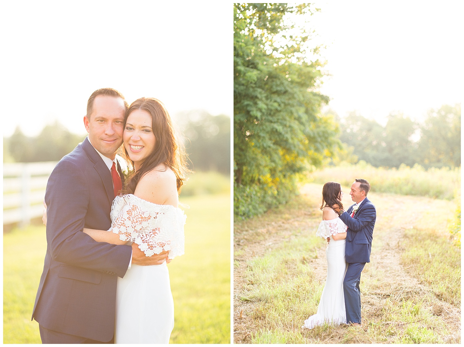 bride and groom looking at each other along fielded path