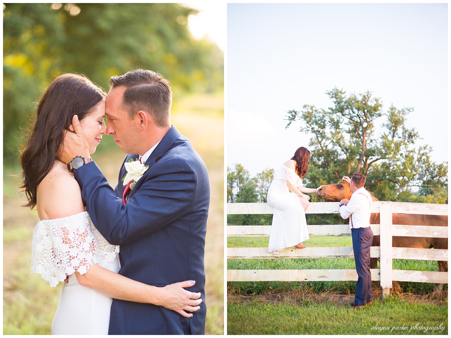 bride and groom petting horse along white fence