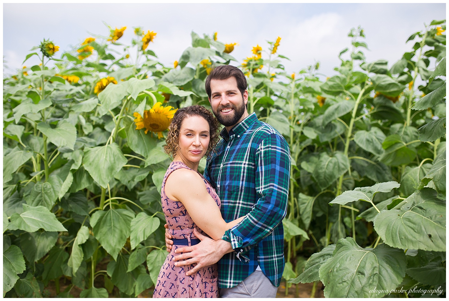 couple in front of sunflower plants