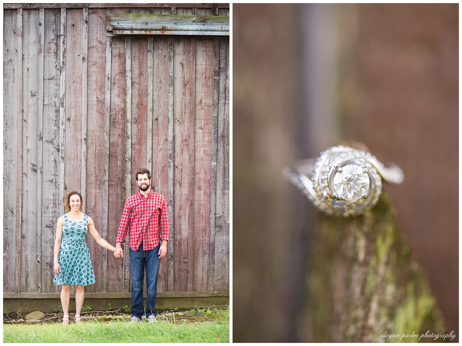 couple holding hands in front of barn