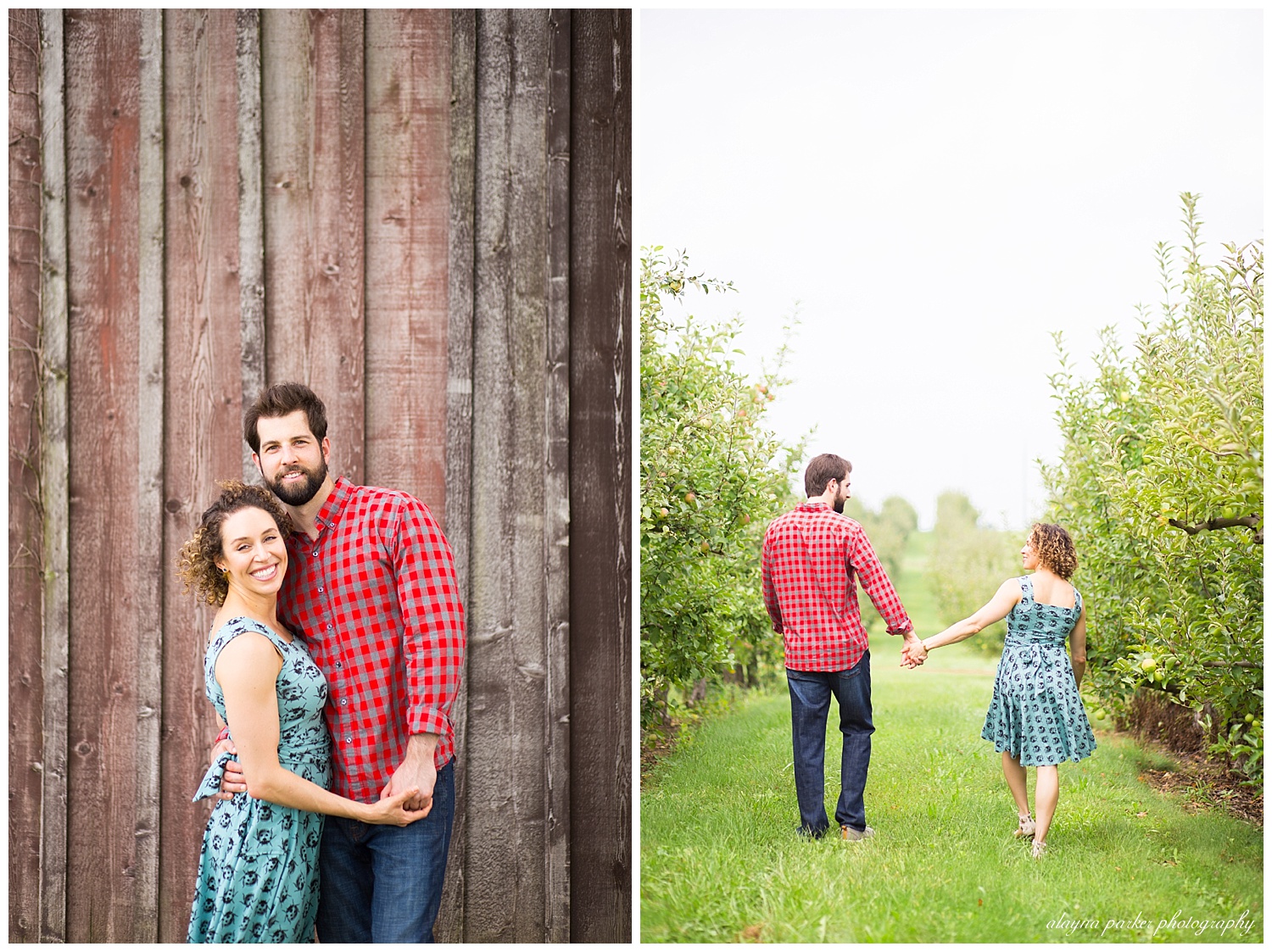 man and woman holding hands walking through apple orchard