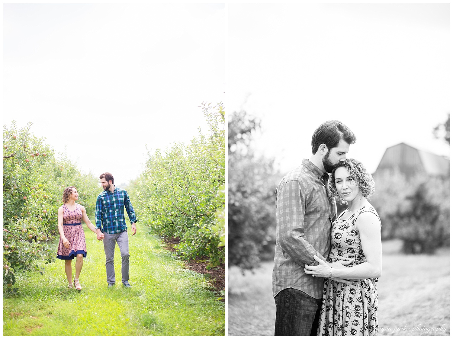 black and white image of man kissing woman on head while woman looks at camera