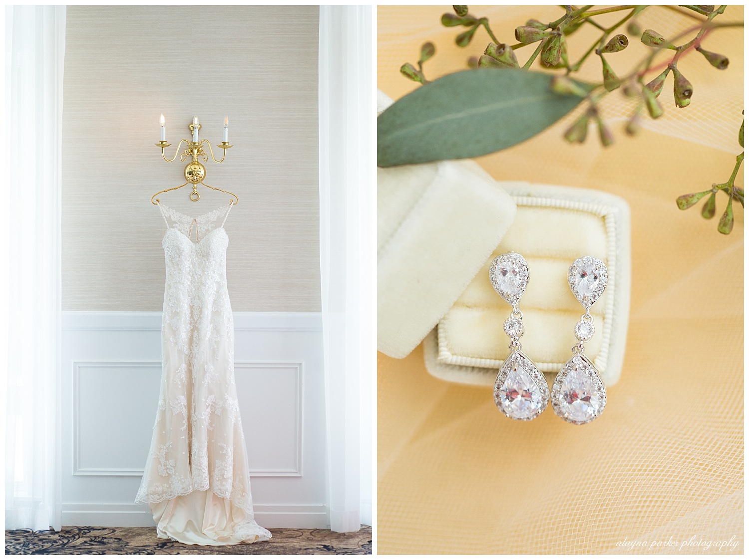 diamond dangle earrings in cream velvet ring box