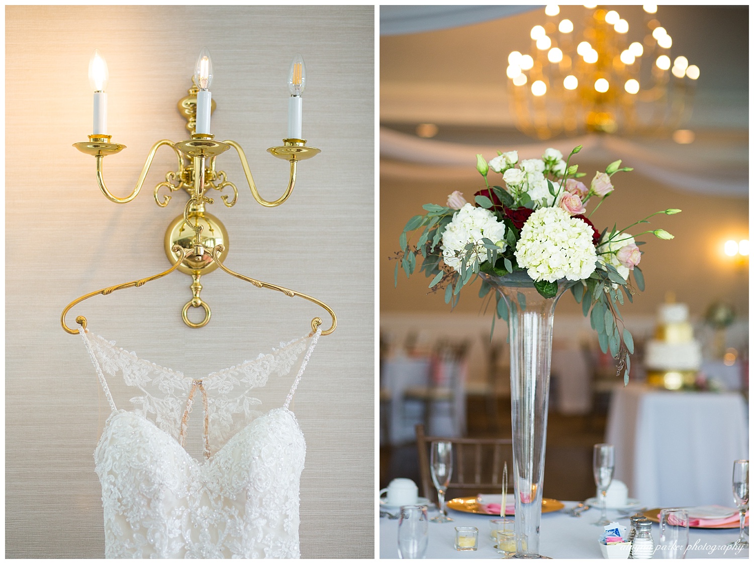 lace wedding gown hanging on candelabra