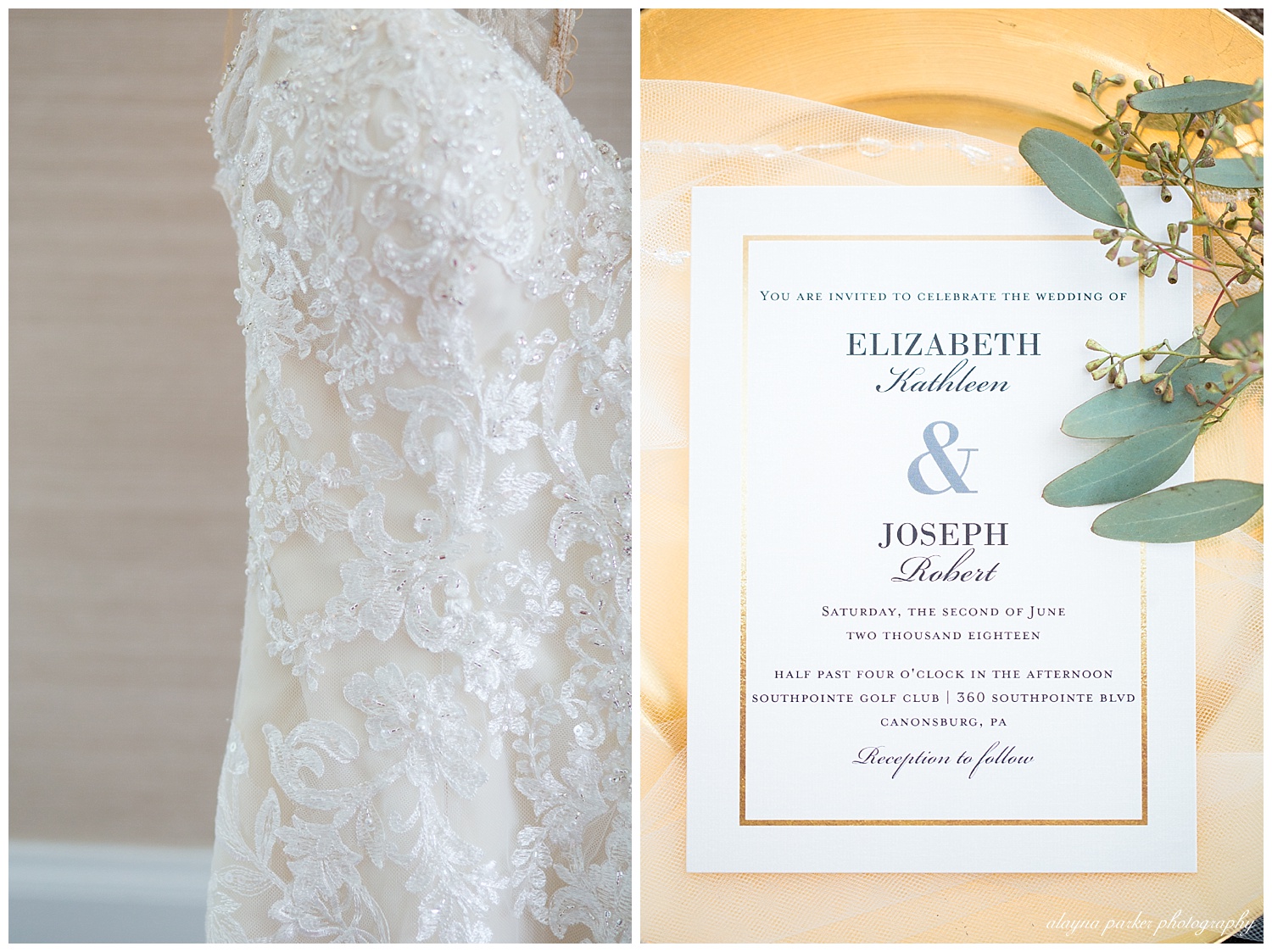 gold and white wedding invitation laying on gold background