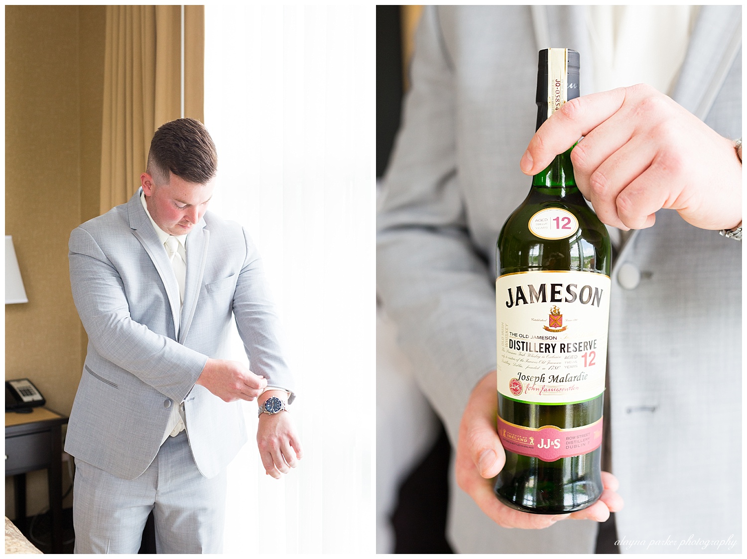 close up of groom holding bottle of Jameson