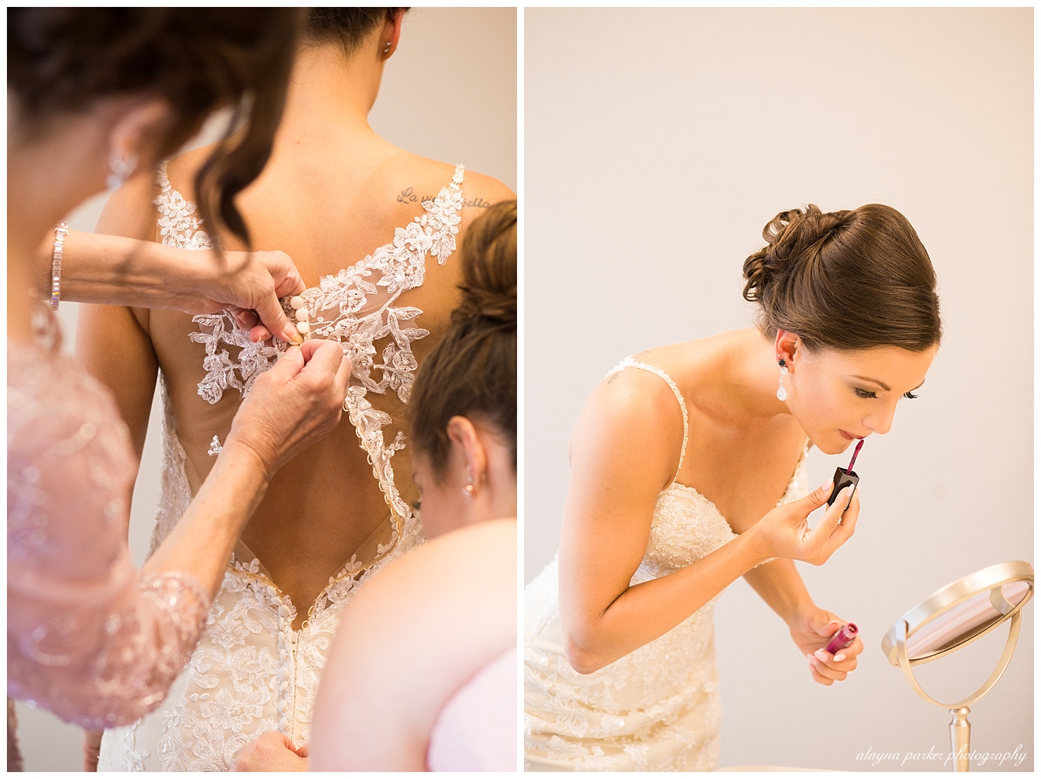 bride putting on lipgloss