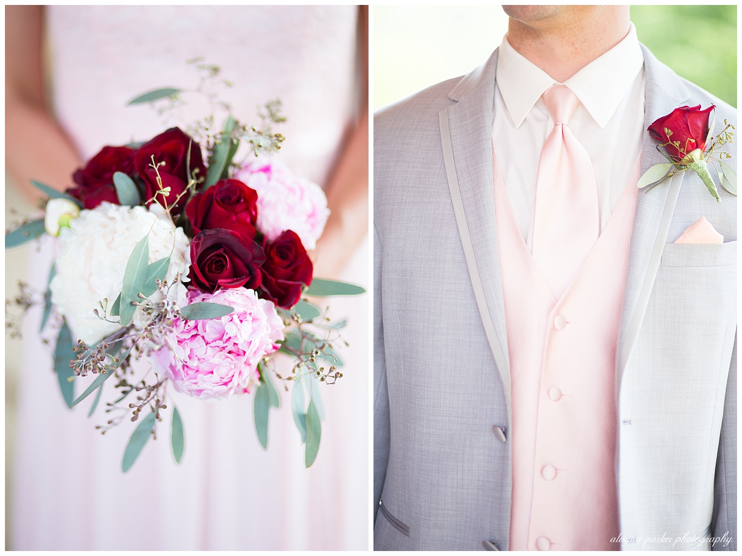 groomsmen wearing gray suits, pink tie, and pink vest, with red rose boutonniere