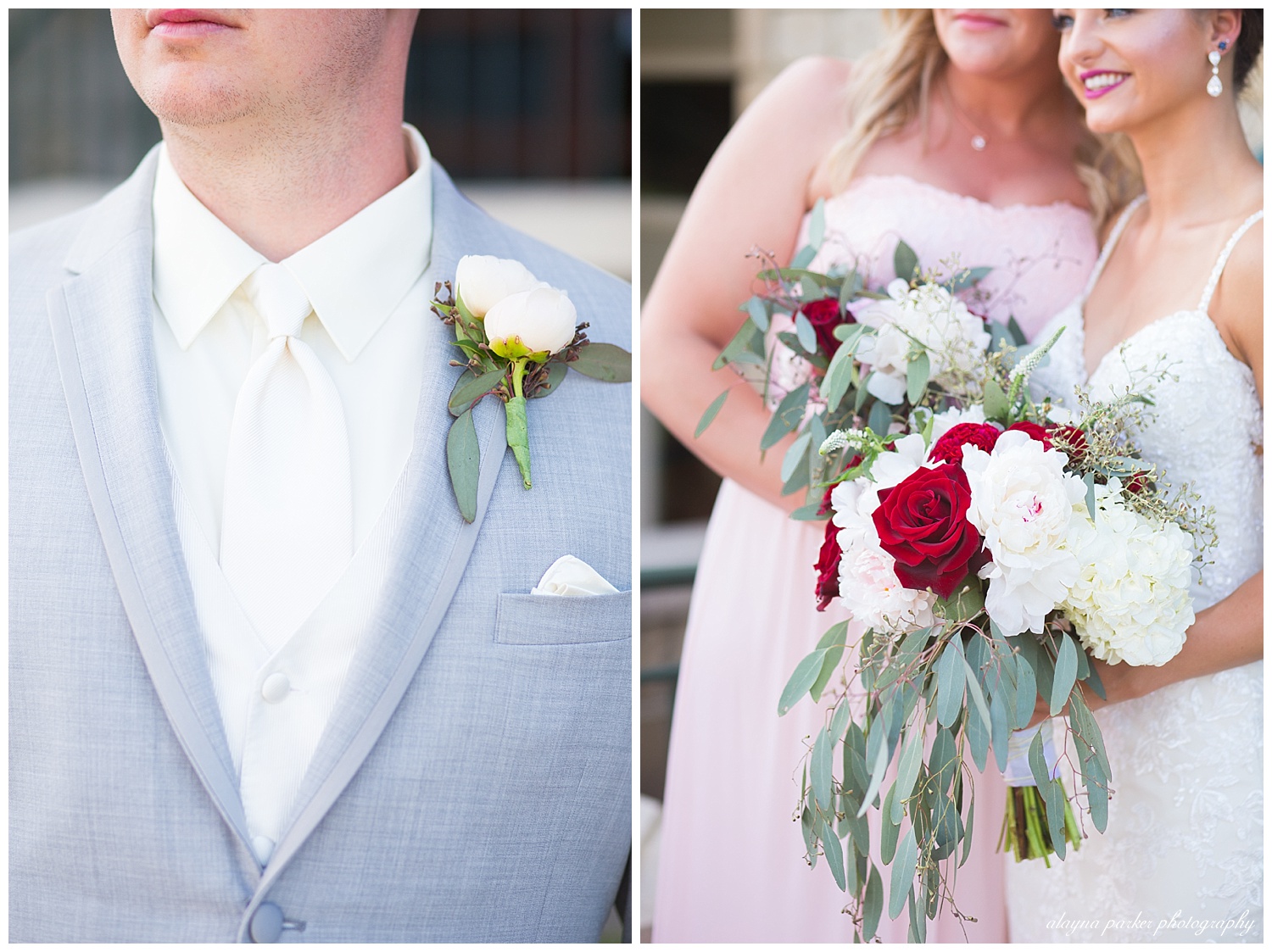 close up of groom wearing gray suit, white vest, and white tie, with white rose boutonniere