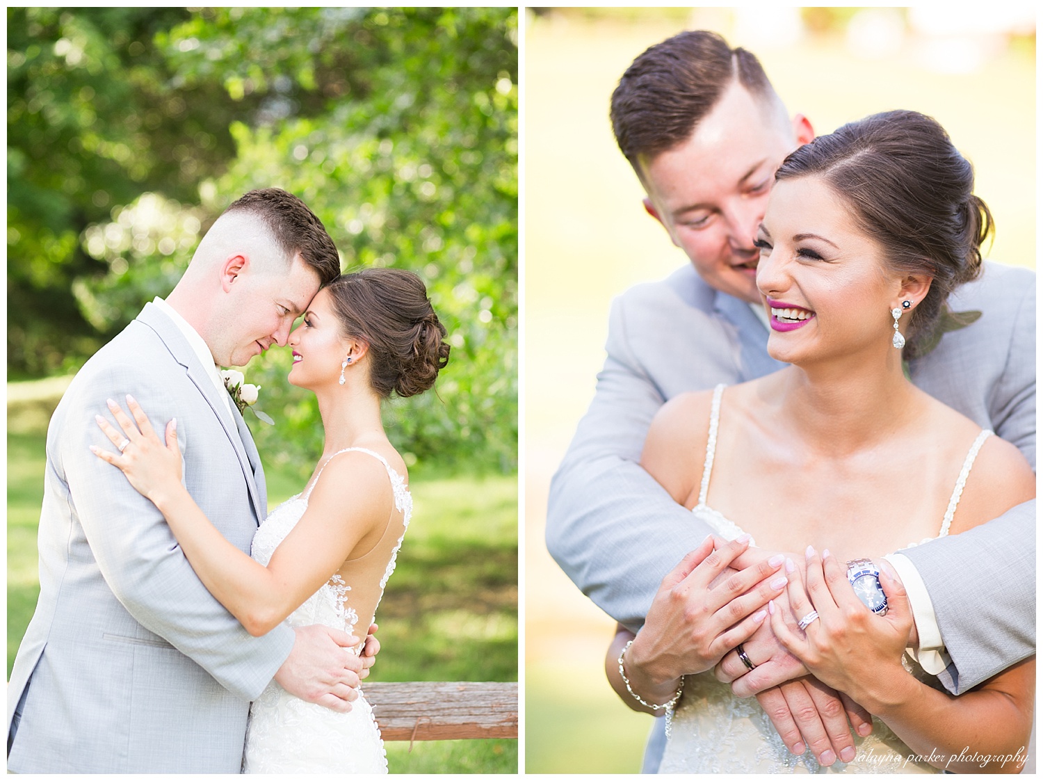bride and groom touching foreheads and smiling