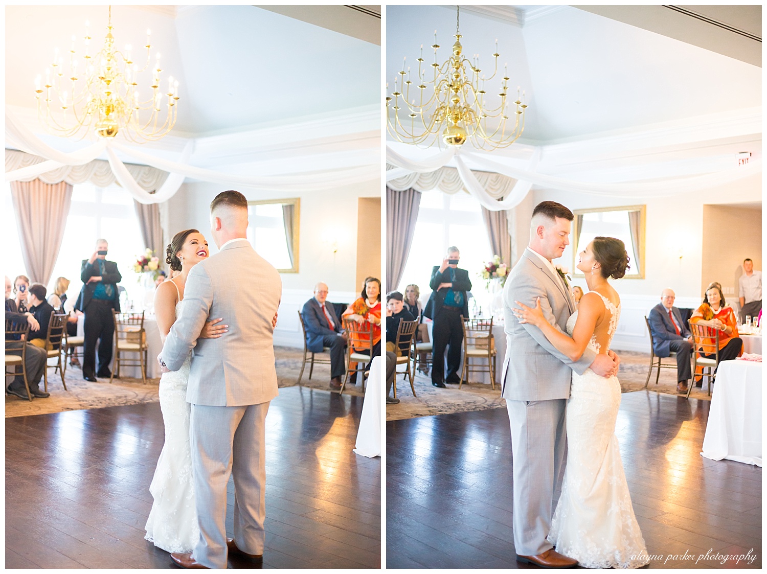 bride and groom sharing first dance at south pointe golf club