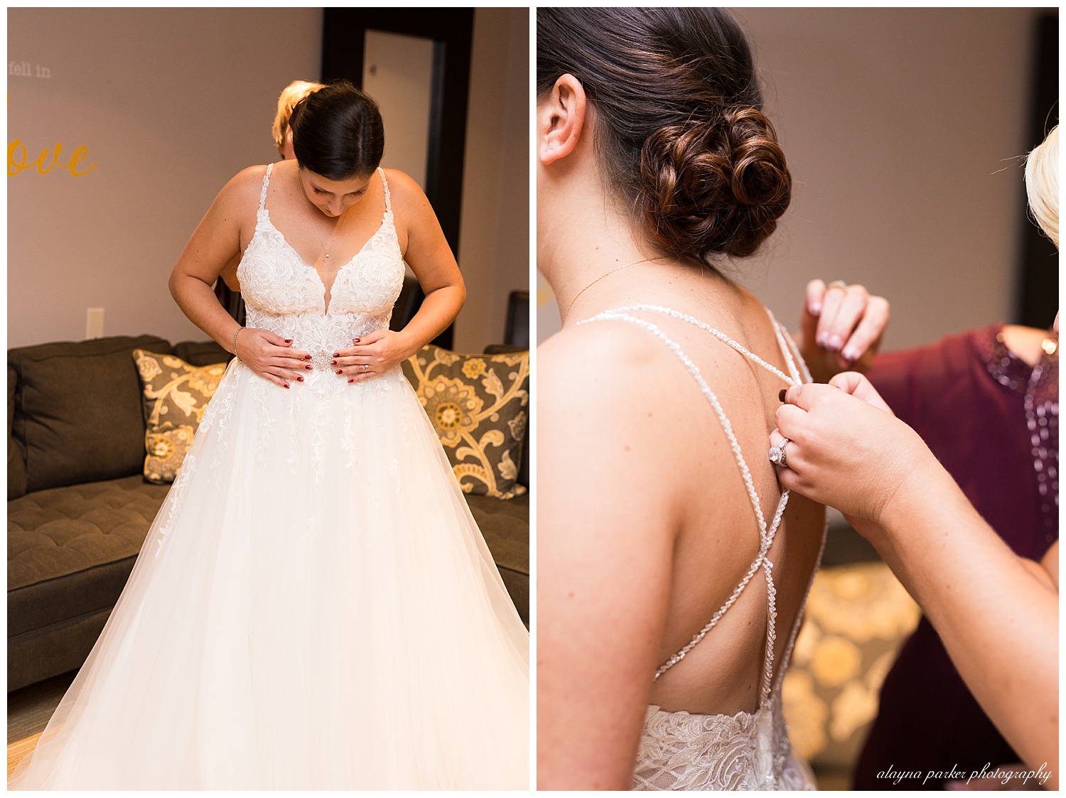 maid of honor and mother helping bride get dressed