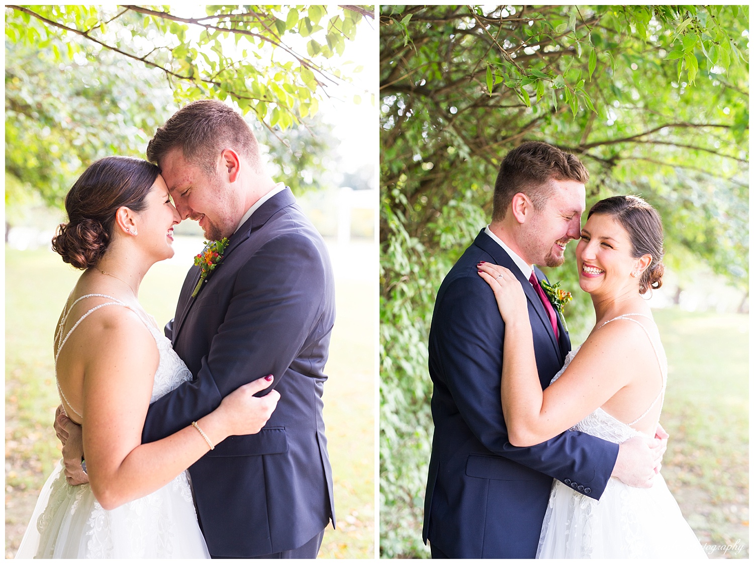 bride and groom touching foreheads outside water's edge
