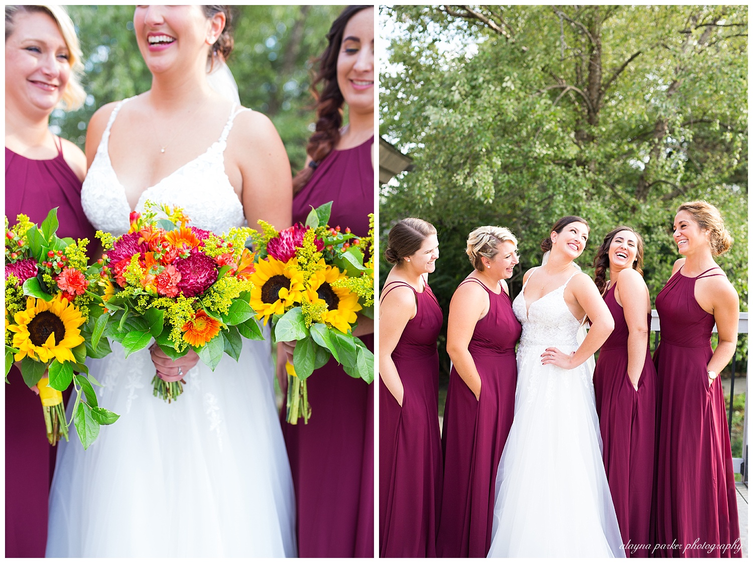 bride and bridesmaids holding bouquets of sunflowers, pink, and orange flowers