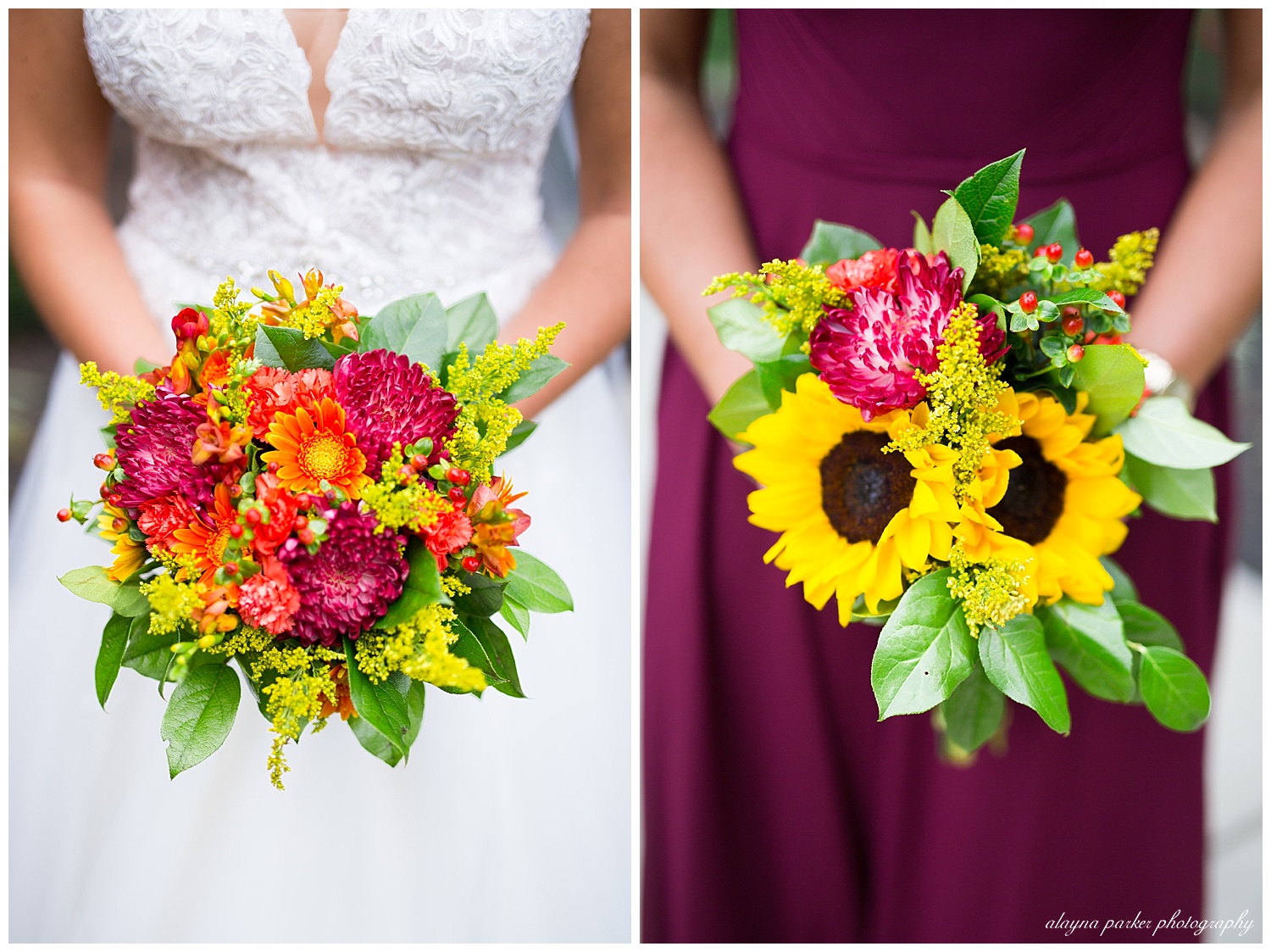 close up of bride holding vibrant bouquet of pink, orange, yellow, and green flowers