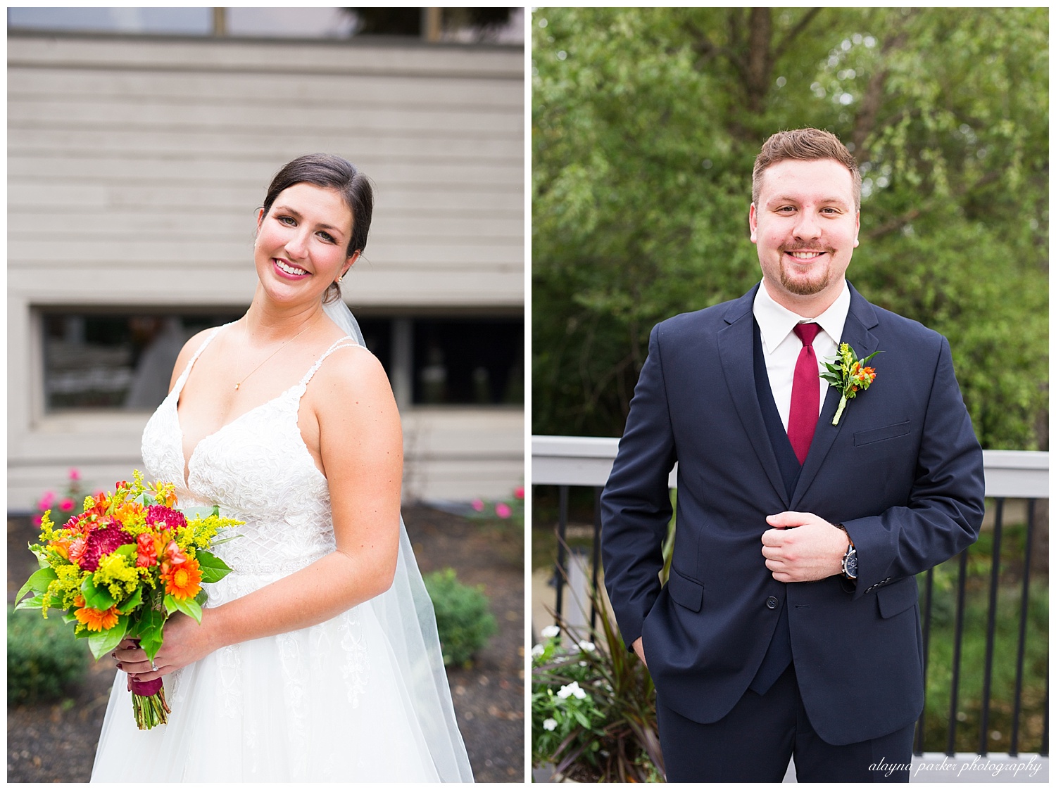 portrait of bride and portrait of groom outside at water's edge