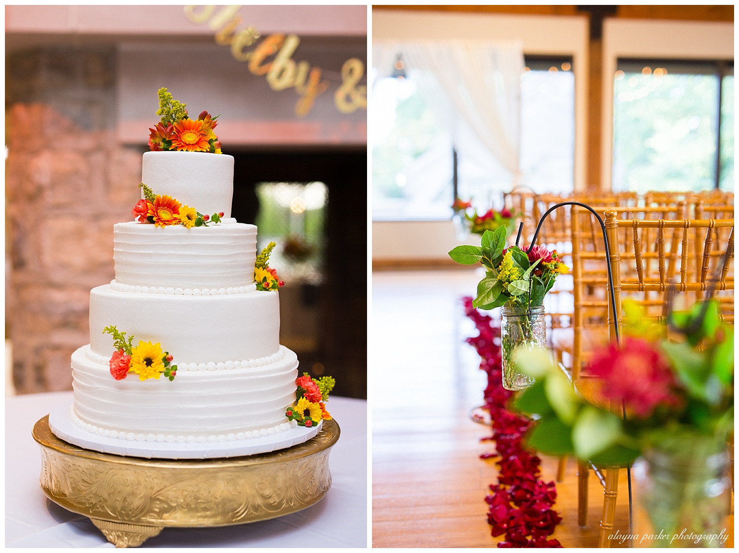 shepherd's hooks with jarred flowers lining the aisle at water's edge