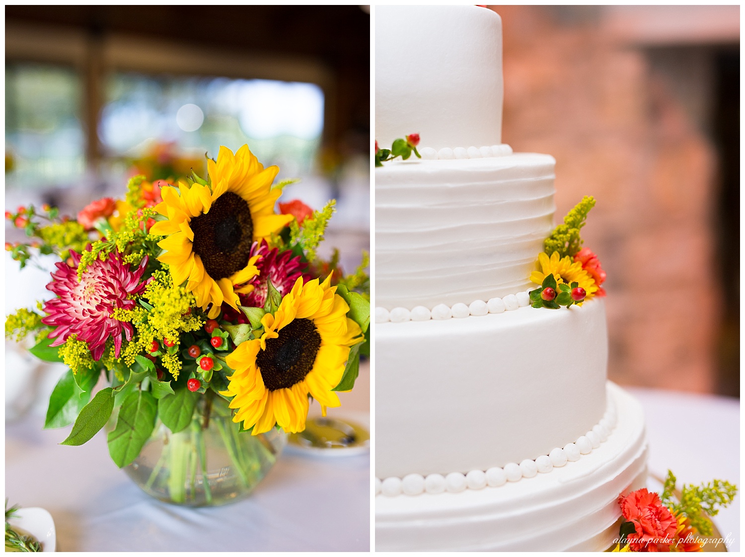 table centerpieces of green, sunflowers, and pink flowers at water's edge