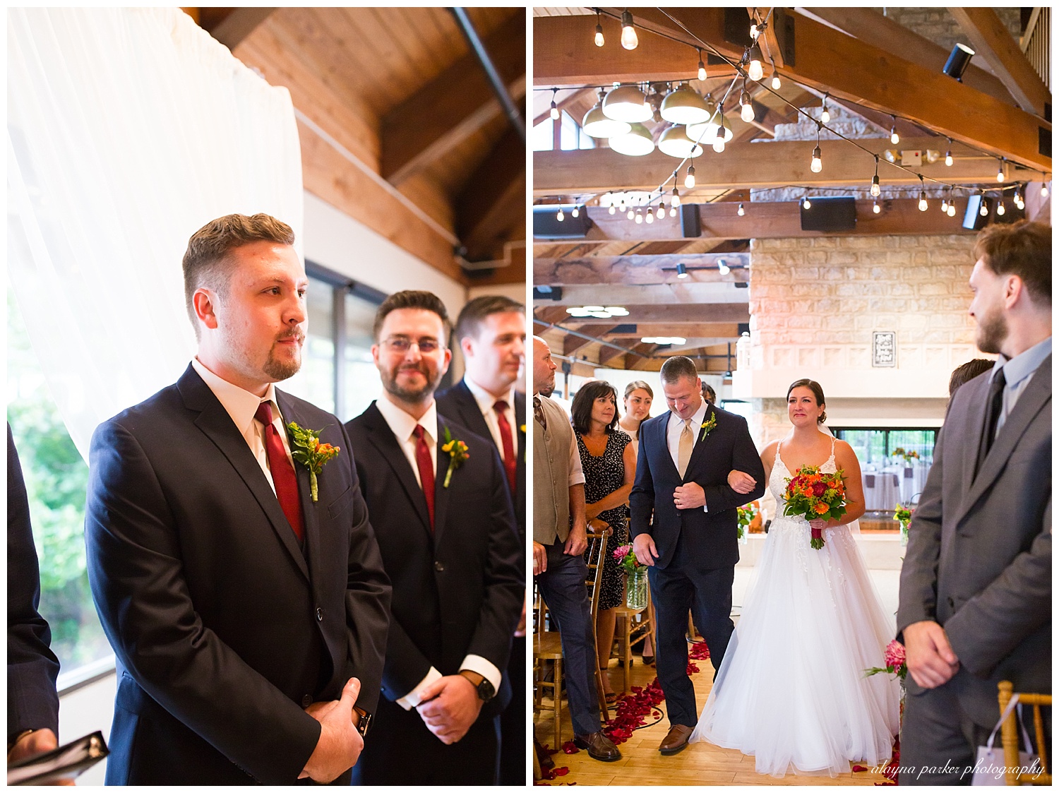 bride crying as she walks down the aisle