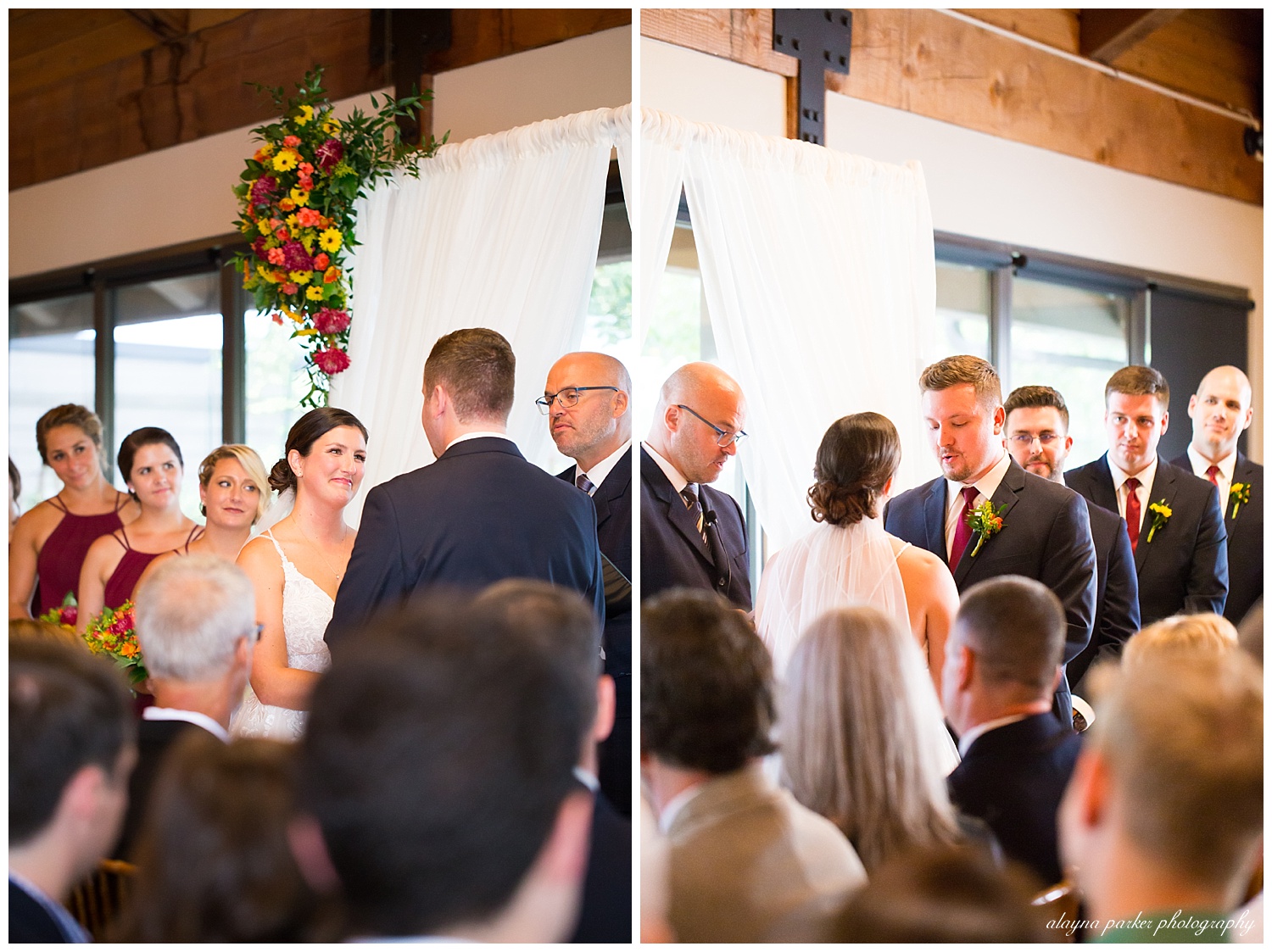 bride and groom saying vows at water's edge