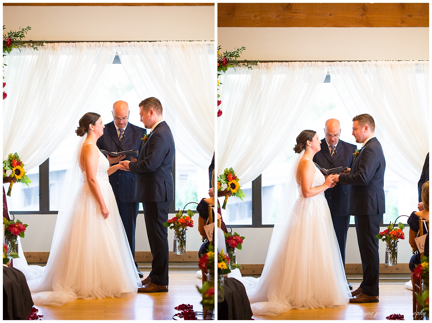 bride and groom exchanging rings at water's edge