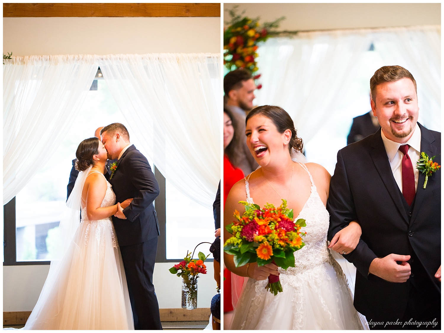 bride and groom share first kiss at water's edge