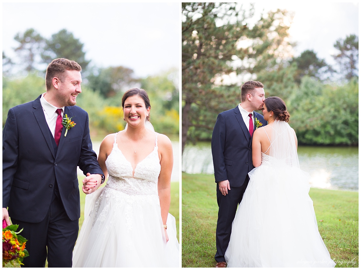 groom kissing bride on forehead beside pond at water's edge