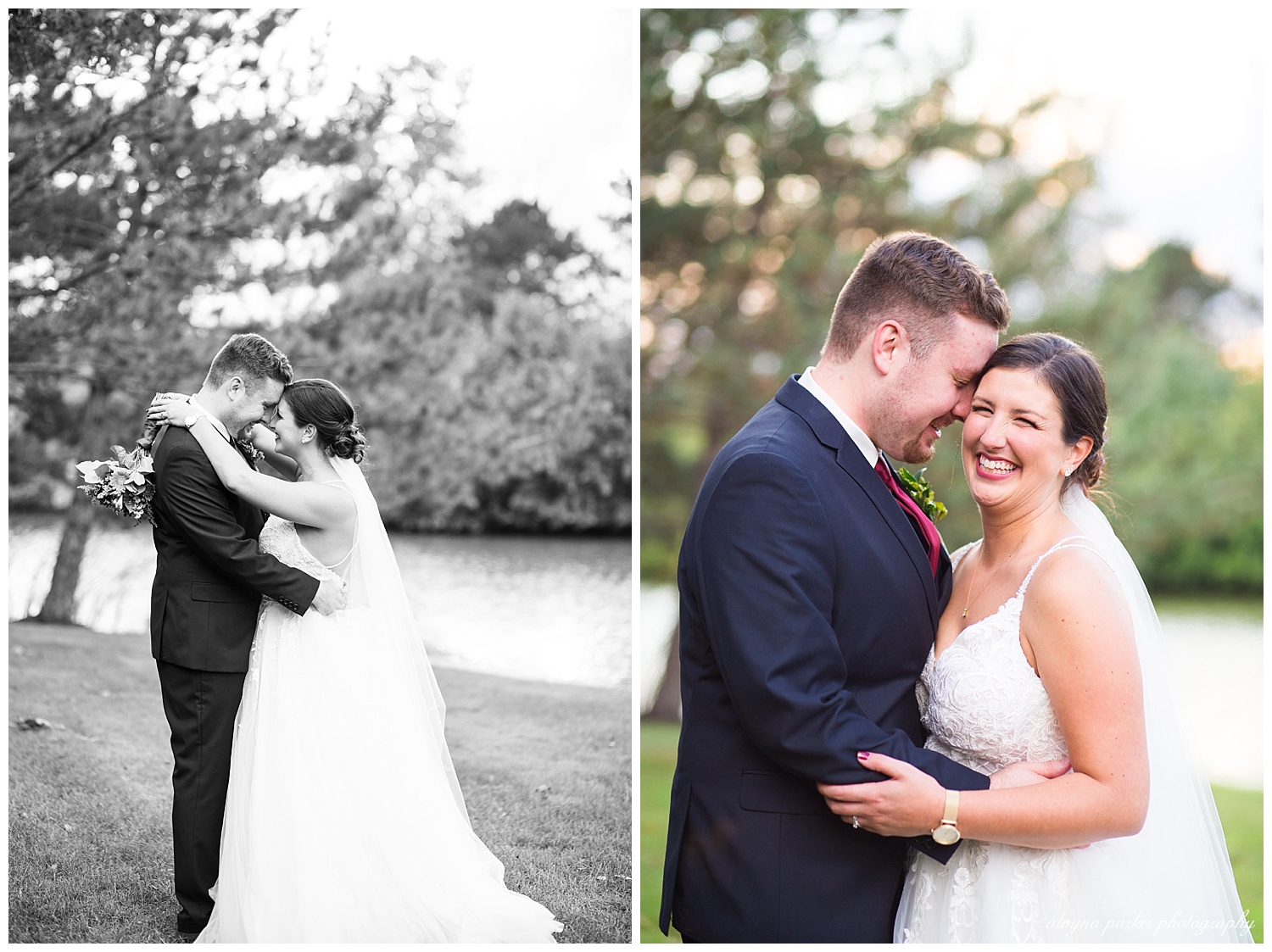 black and white image of bride and groom hugging and touching foreheads by pond at water's edge