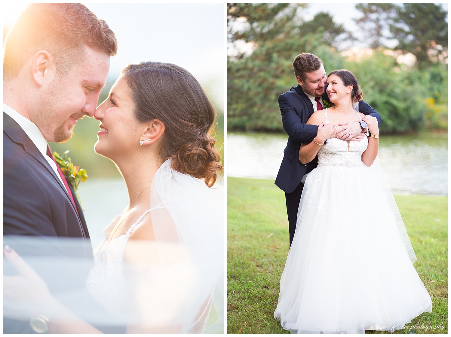 bride and groom looking at each other while sun shines during golden hour at water's edge