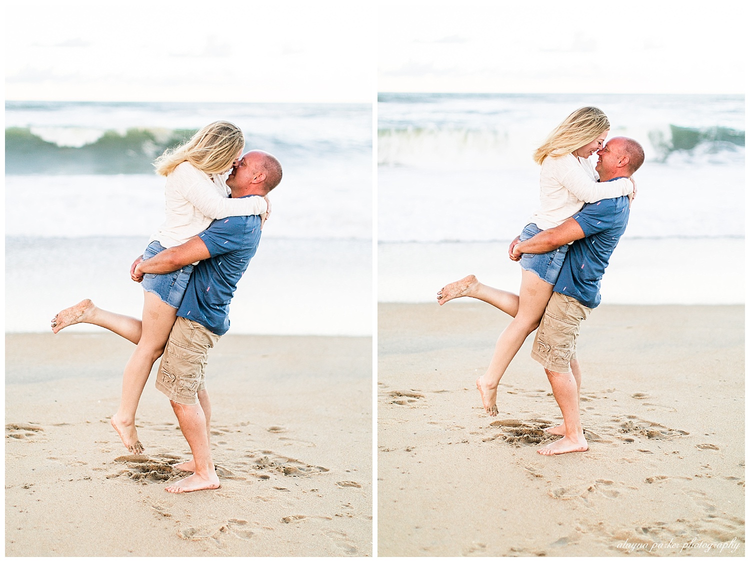 man lifting woman on beach in outer banks