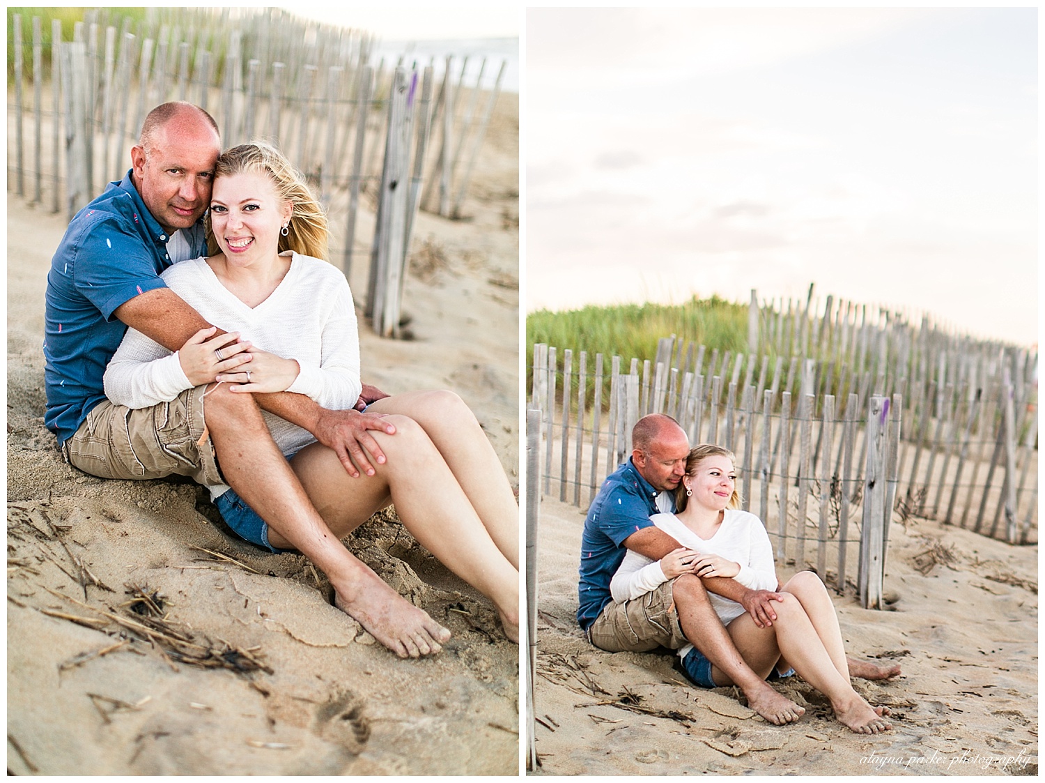 couple smiling at camera while sitting in sand on beach in outer banks