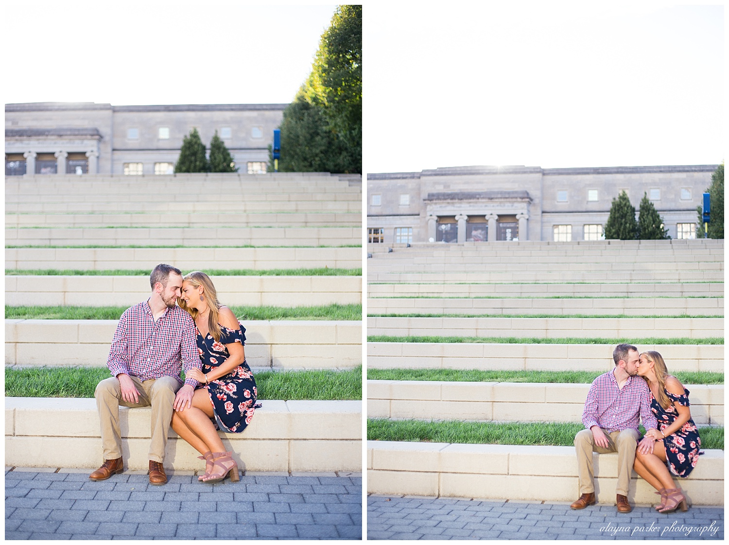 man and woman sitting on concrete and grass steps behind cosi at scioto mile