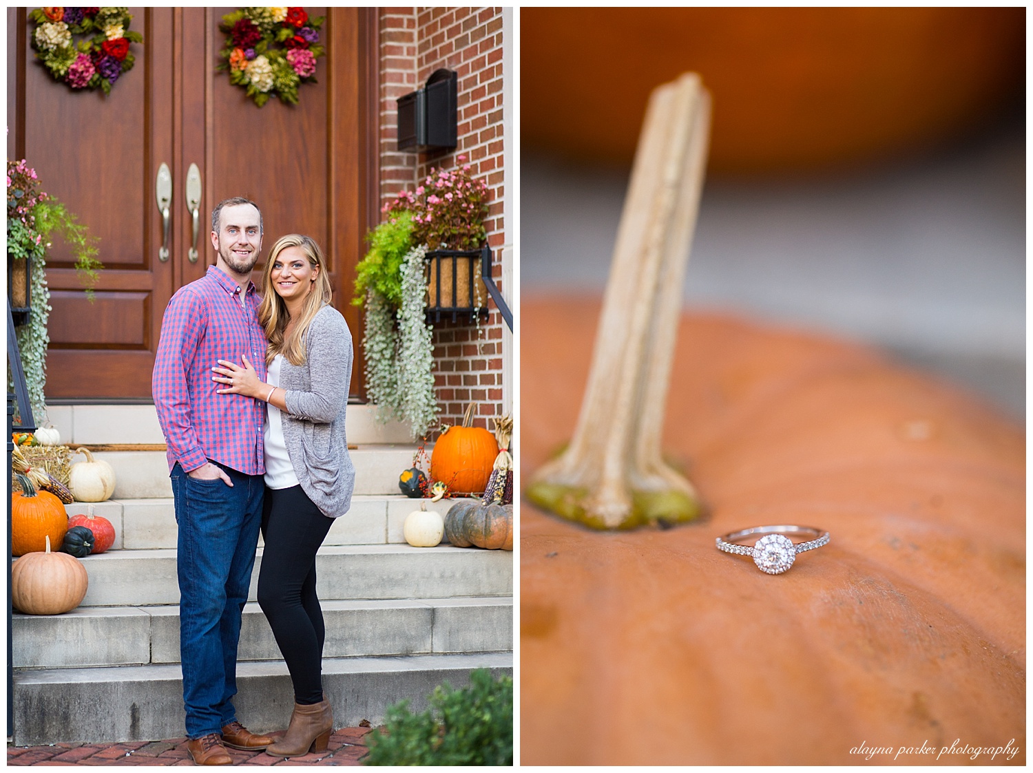 halo engagement ring sitting on pumpkin
