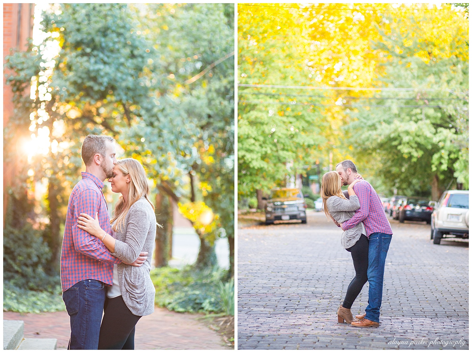 man and woman kissing on brick street in german village