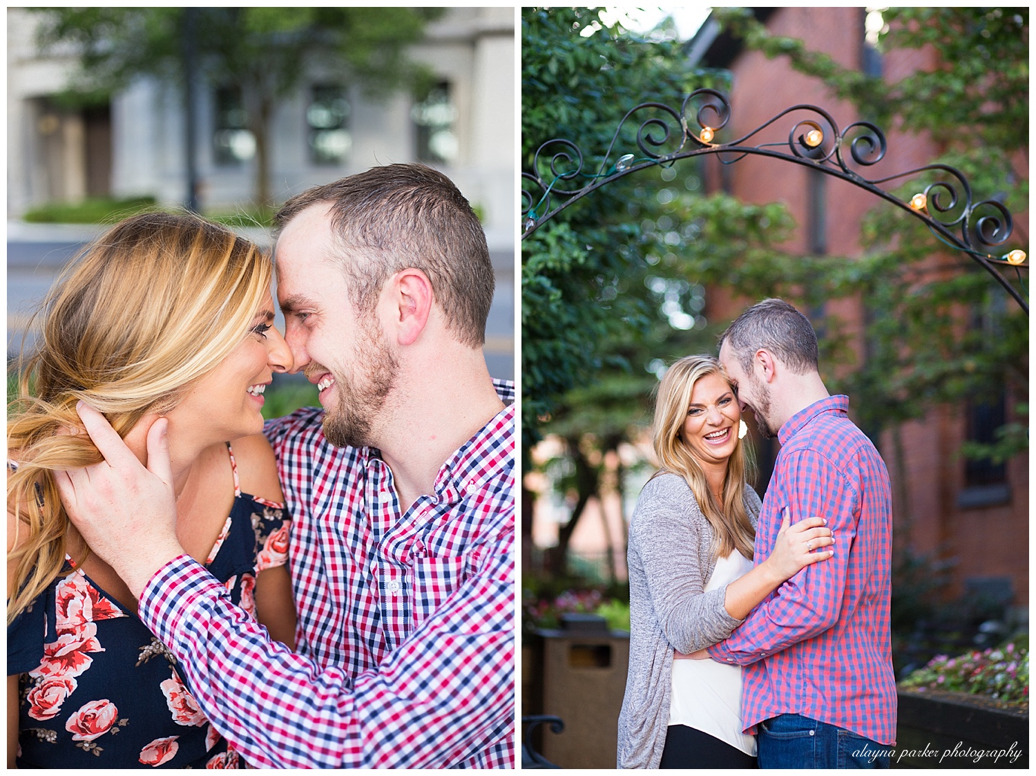 woman laughing as man whispers in her ear in german village