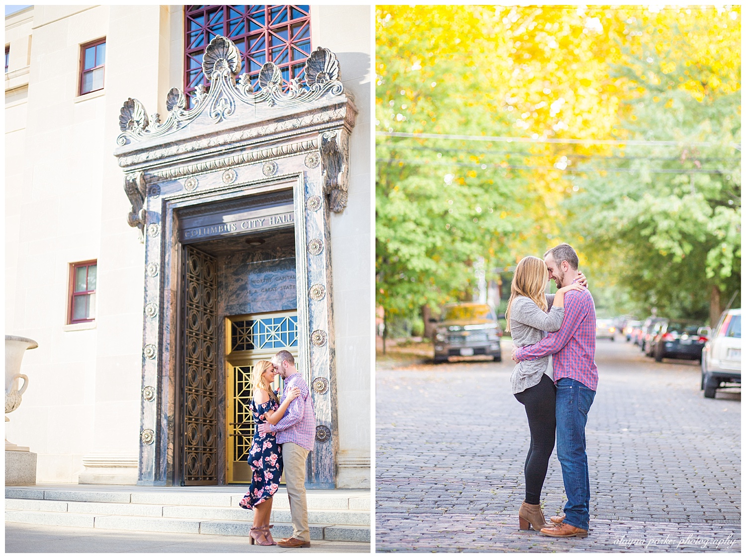 man and woman touching foreheads in front of old city hall at scioto mile
