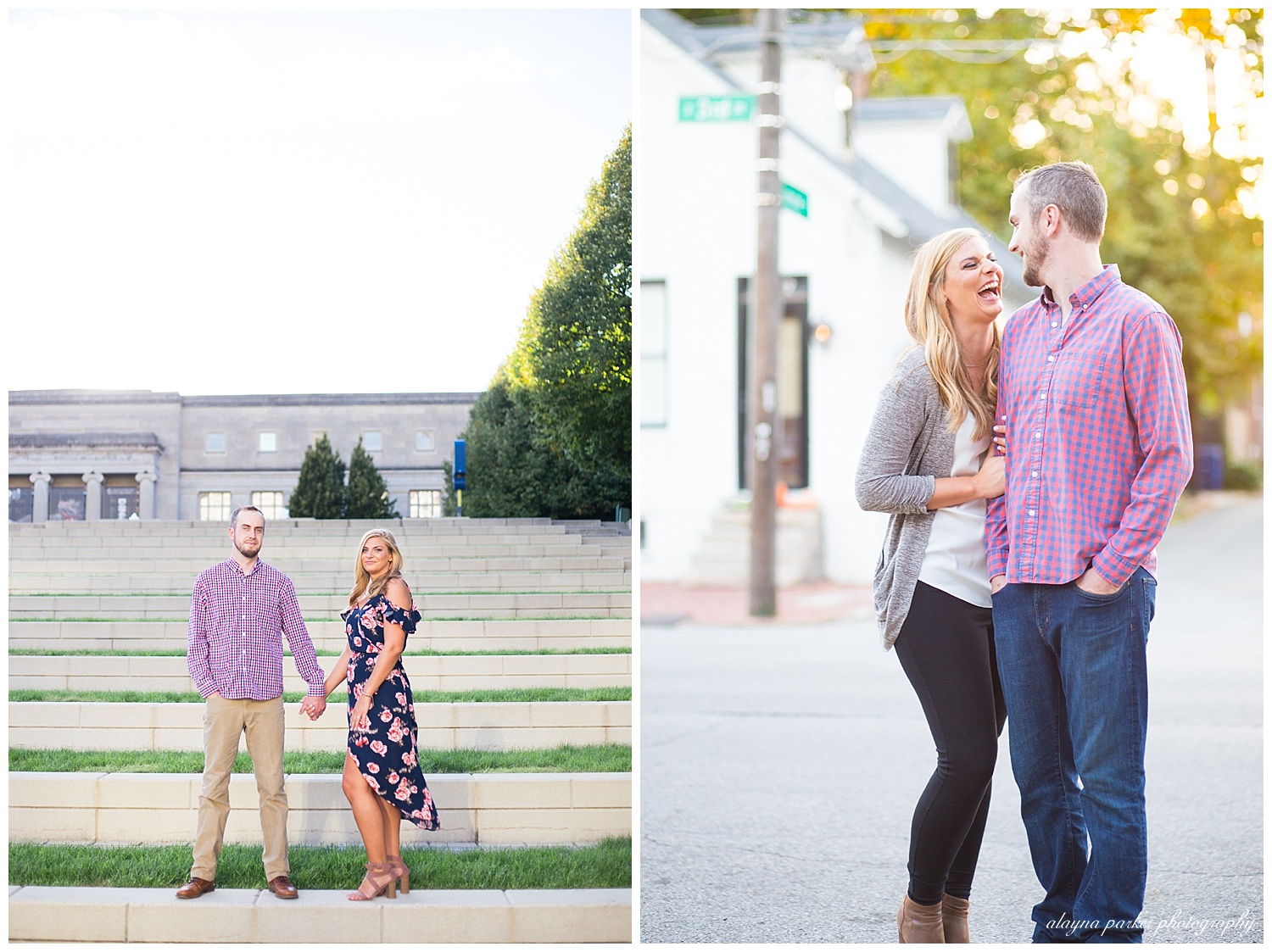 man and woman making serious faces on steps at scioto mile