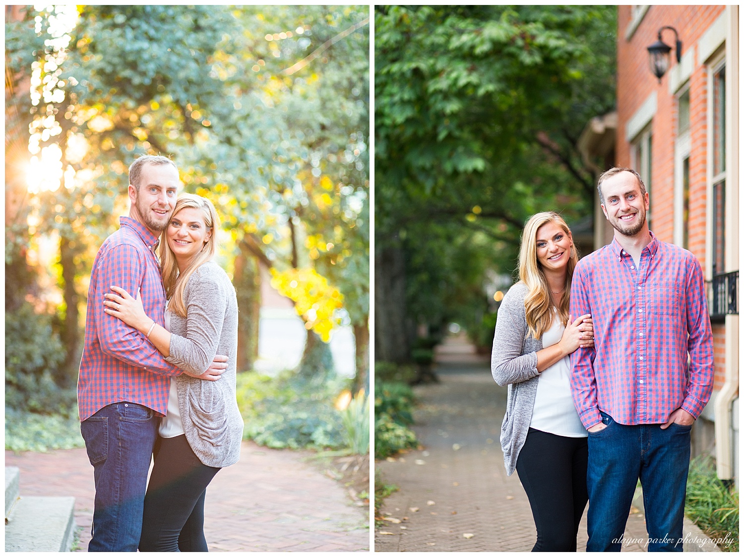 man and woman smiling on brick sidewalk in german village