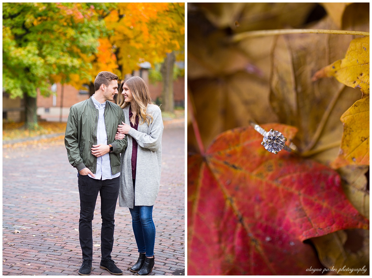 close up of diamond ring on fall leaves