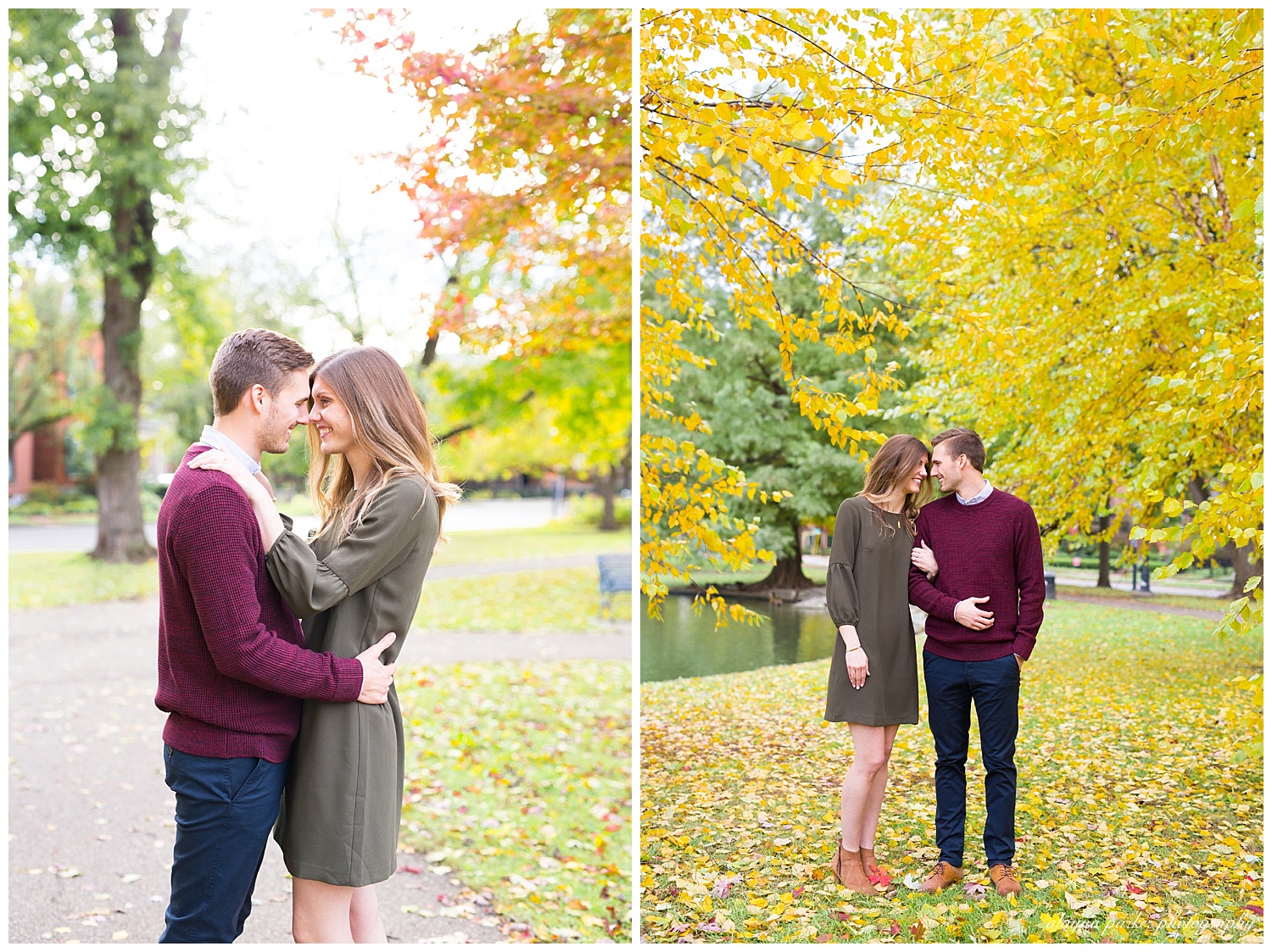 engaged couple touching foreheads under bright yellow tree at schiller park in german village